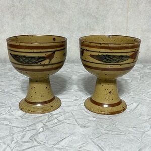 Mcm speckled stoneware wine/water goblets with fish motif  set of 2 pottery